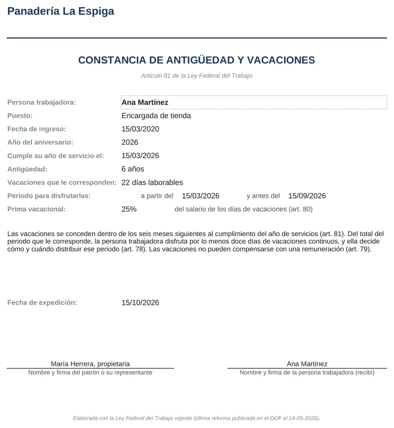 Control de asistencia y vacaciones: Constancia anual de vacaciones lista para firmar